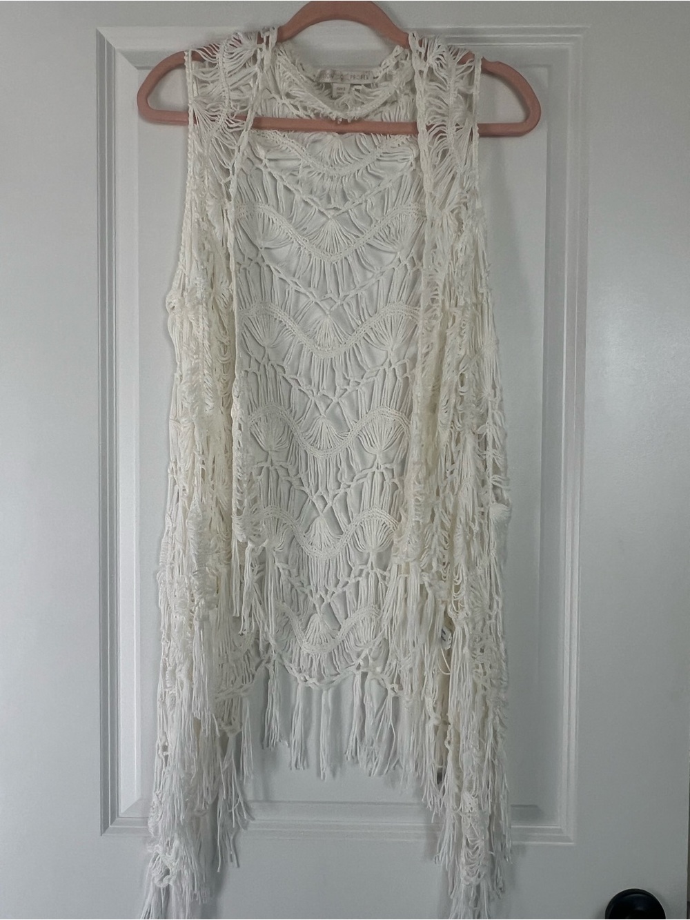 Boston Proper Cream Crochet Fringe Vest